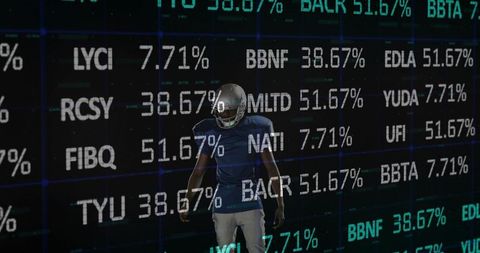 Black football player wearing reflective helmet and navy jersey with finance data overlay