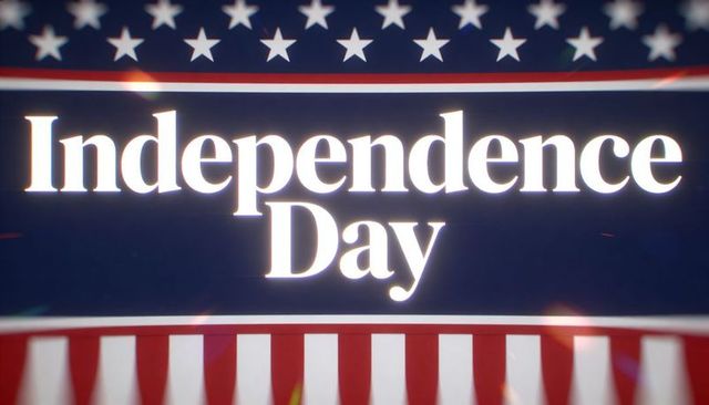 Glowing independence day text on patriotic stars and stripes banner with glow, fireworks