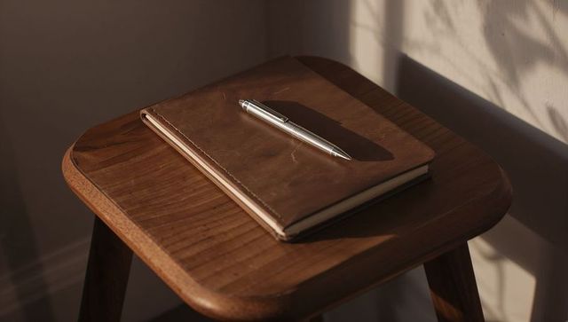 Brown leather journal and silver pen resting on wooden stool in warm morning light