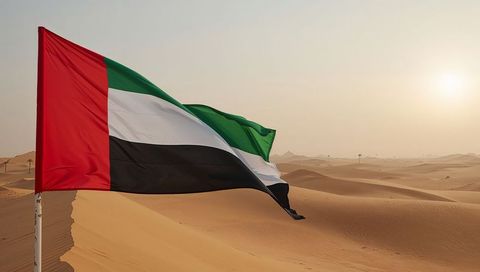 UAE Flag Waving Over Sunlit Desert Dunes at Golden Hour, Windblown National Banner