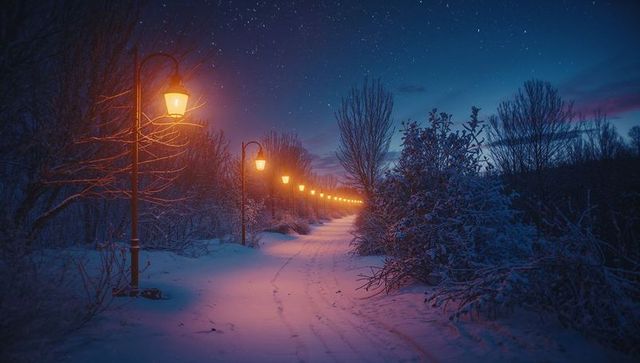 Tranquil Snowy Path with Warm Lamplights Under Starry Night Sky