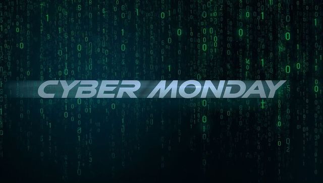 Cyber monday neon header featuring binary code and futuristic glowing wordmark