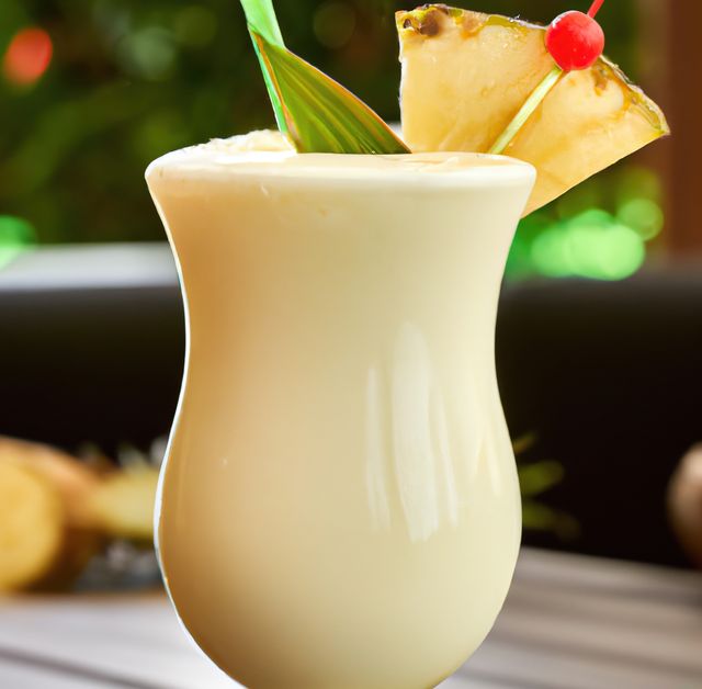 Close up of pina colada drink over blurred background created using generative ai technology. Party, celebration and drink concept, digitally generated image.