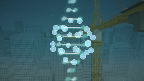 Digital DNA and Network Icons Overlay on Cityscape