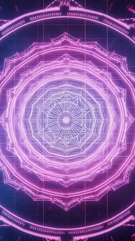 Expanding Neon Fractal Mandala Over Grid With Rain Effect Vertical Cyber Loop