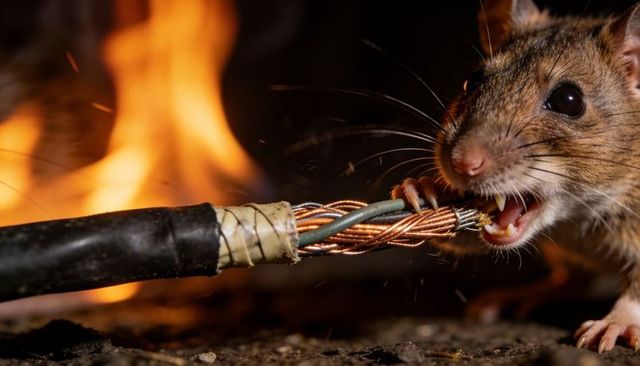 Rat Gnawing Exposed Copper Cable Near Flames Showing Electrical Fire Hazard and Sparks