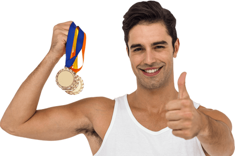 Athlete Posing Proudly with Medals in Cheerful Mood on Transparent Background