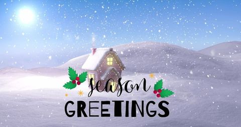 Winter Wonderland Cottage with Snowfall and Season Greetings