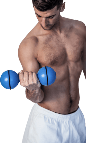 Man lifting blue dumbbell in transparent background