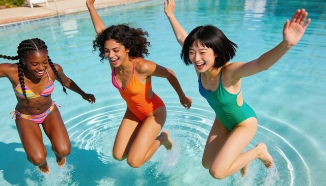 Jumping teens creating circular ripples in pool, laughing and relishing sunny summer joy