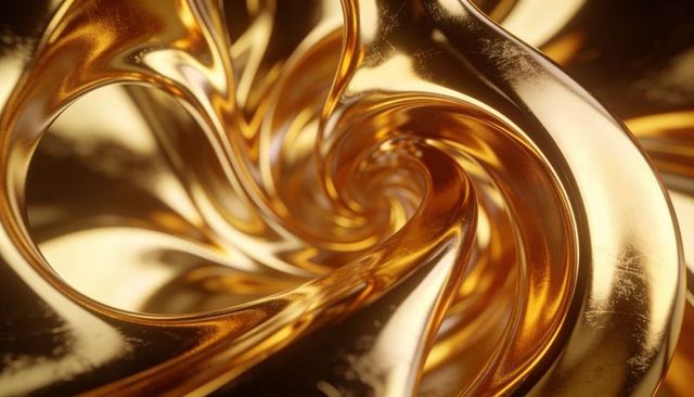 Twisting polished gold ribbon spiral reflecting warm light, metallic abstract sculpture