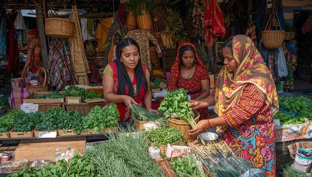 Women sorting and selecting fresh herbs at vibrant open-air market stall with woven baskets