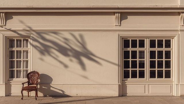 Ornate Wooden Armchair on Sunlit Beige Facade, Dramatic Palm Frond Shadows, Copy Space