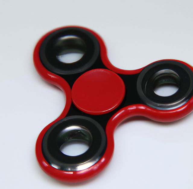 Fidget spinner with red outer rings and black interior against plain white background. Suitable for themes related to stress relief, focus, trendy toys, or mechanical objects. Perfect for educational materials, articles on stress management, or promotional content for toy stores.