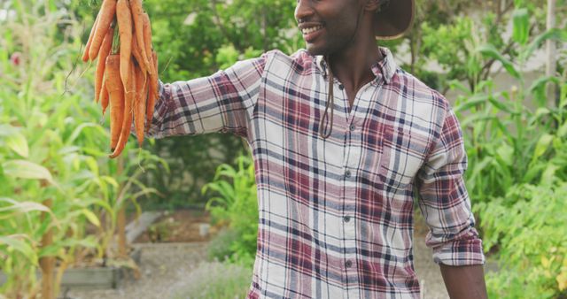 Smiling african american man holding bunch of fresh carrots in garden - Download Free Stock Photos Pikwizard.com