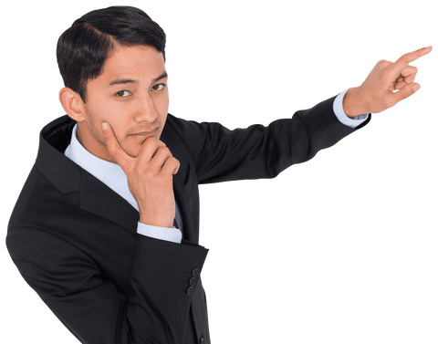 Thoughtful asian businessman pointing with transparent background
