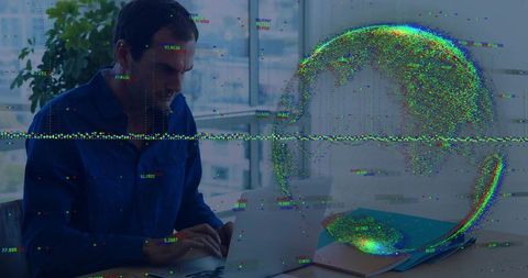 Professional Analyzing Data on Laptop with Futuristic Glitch Effects