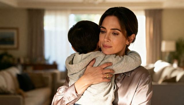Mother holding child, comforting with tender embrace in cozy living room, warmth and care