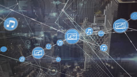 Data Network and Connections Over Urban Cityscape