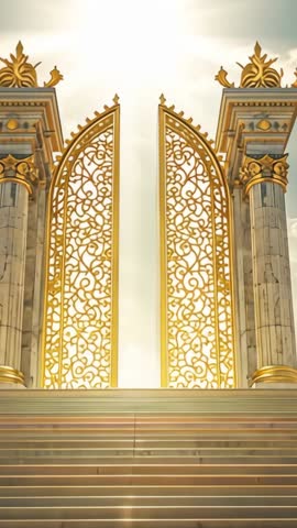 Swinging Golden Gates Opening on Grand Staircase Revealing Radiant Passageway Vertical Video