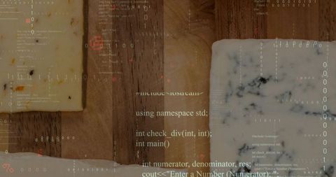 Rustic cheese board blending artisanal cheeses with binary code overlay for tech food concept
