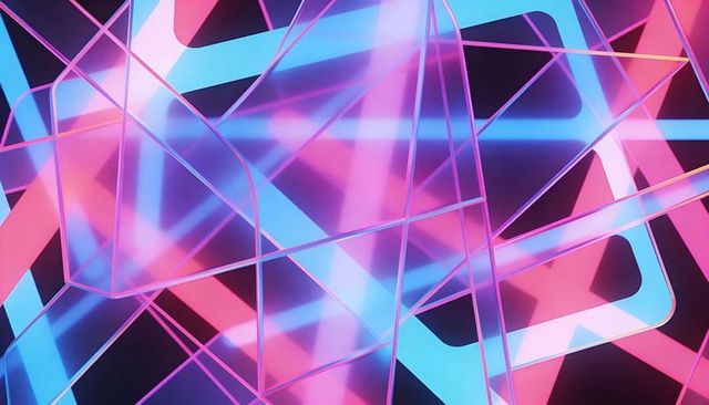 Glowing glass panels and neon frames creating futuristic cyan magenta geometric depth