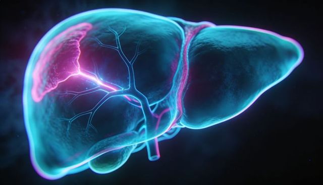 Holographic 3D human liver illustrating glowing vasculature and bile ducts in neon cyan