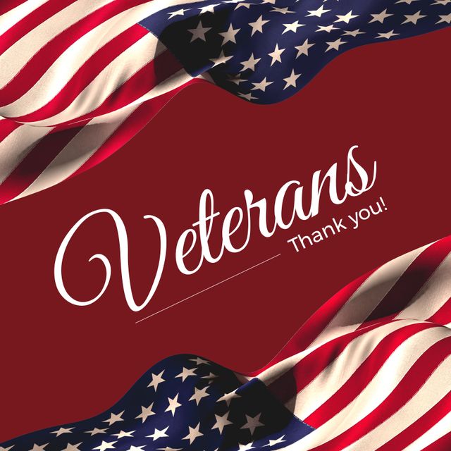 Patriotic design featuring text 'Veterans, Thank you!' on a red background with two American flags. Great for use in Veterans Day promotions, social media posts, greeting cards, and advertisement campaigns honoring military veterans.