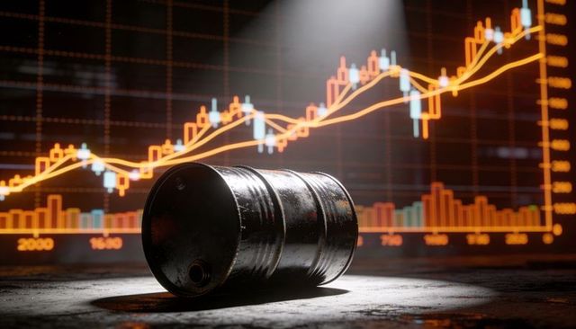 Rusty oil barrel reflecting spotlight with rising candlestick market chart trend