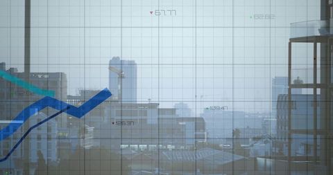 City Skyline with Financial Analytics Overlay Showing Blue-Teal Market Trend Lines