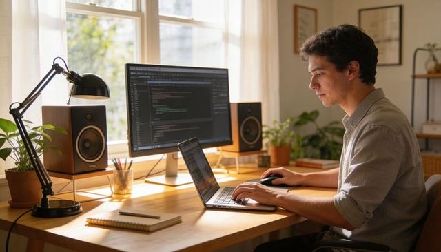 Young programmer coding on laptop and monitor in sunlit home office with plants