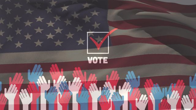 Bright animation depicting voting and democracy concepts, showing colored hands in red, white, and blue rising against waving American flag. Useful for campaigns, educational content on voting rights, democracy demonstrations, or political events, emphasizing civic engagement and patriotic duty.