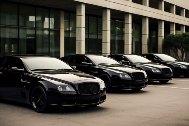 Luxury cars lined up outside an office building. The sleek vehicles signify wealth and status, often associated with business success.