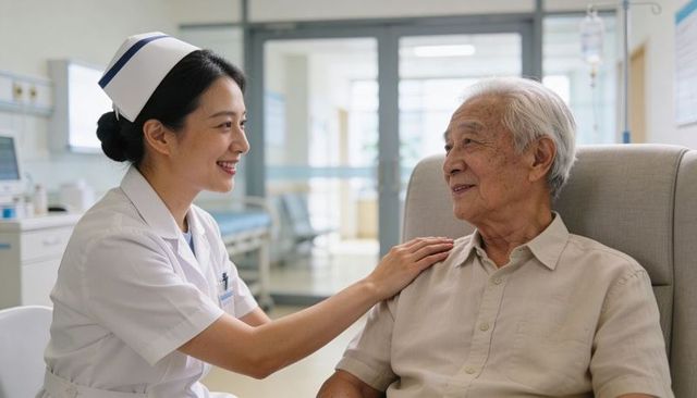 Nurse comforting elderly patient in hospital ward with iv and compassionate bedside care
