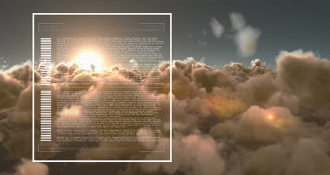 Cloud Computing Interface with Data Overlay in Sunset Sky