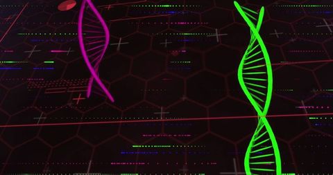 Futuristic Neon DNA Helices Over Digital Hexagonal Grid