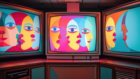 Vibrant abstract faces on crt tvs in retro art installation space, talking heads concept