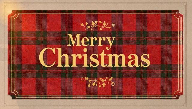 Vintage red tartan plaid merry christmas card with gold border and elegant typography