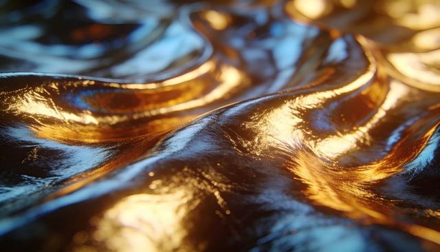 Golden blue metallic ripple texture shimmering liquid metal surface with reflections