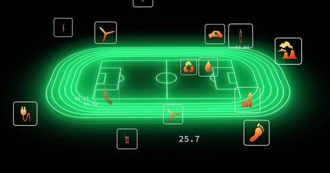 Neon green running track encircling soccer pitch with renewable energy telemetry overlay