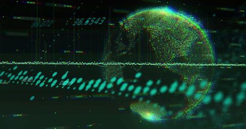 Rotating point-cloud globe pulsing teal waveform with HUD numeric overlays and data visualization