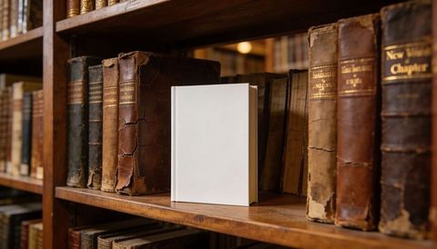 Blank hardcover book standing among antique leatherbound volumes on warm wooden library shelf