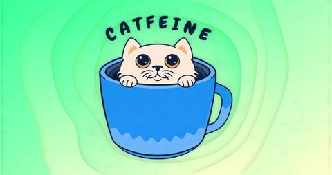 Whimsical Cat Peering from Blue Coffee Mug with CATFEINE Text