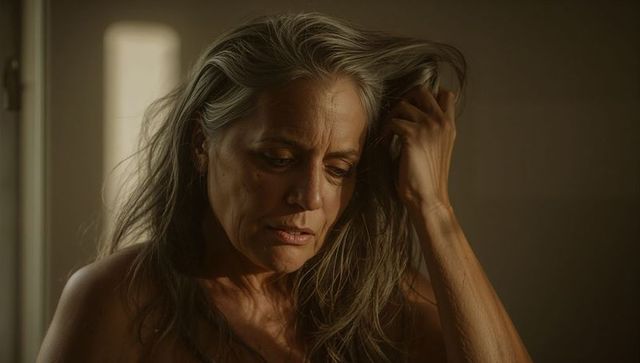 Contemplative mature woman adjusting gray hair in warm natural light closeup portrait