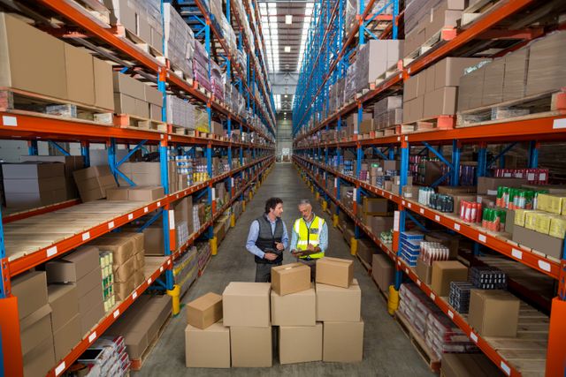 Two warehouse workers are checking inventory in a large storage facility filled with shelves and boxes. One worker is wearing a safety vest, indicating a focus on safety. This image can be used for illustrating logistics, supply chain management, warehouse operations, teamwork in industrial settings, and inventory management.
