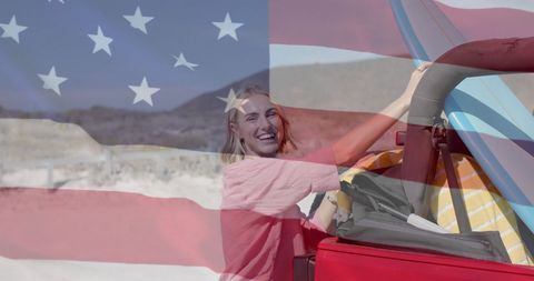 Patriotic Woman Packing Car for Summer Beach Trip
