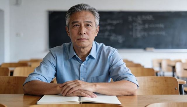 Senior asian teacher sitting at desk reading notebook in classroom, looking thoughtful