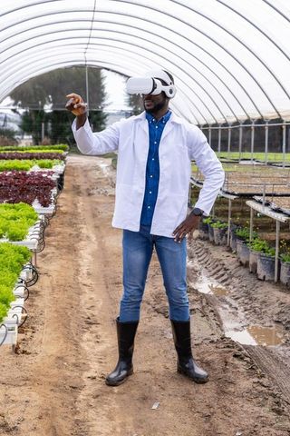 Researcher using vr technology in hydroponic greenhouse for innovation