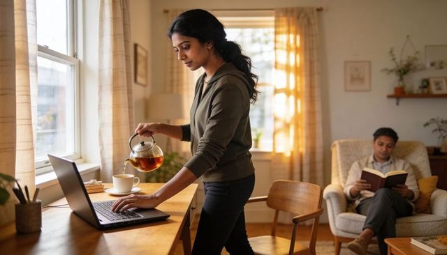 Pouring tea while working on laptop in cozy sunlit living room home workspace with teapot