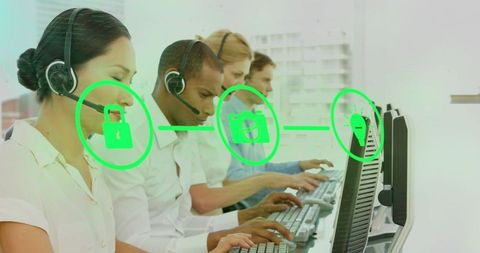 Call center team emphasizing cybersecurity while assisting customers